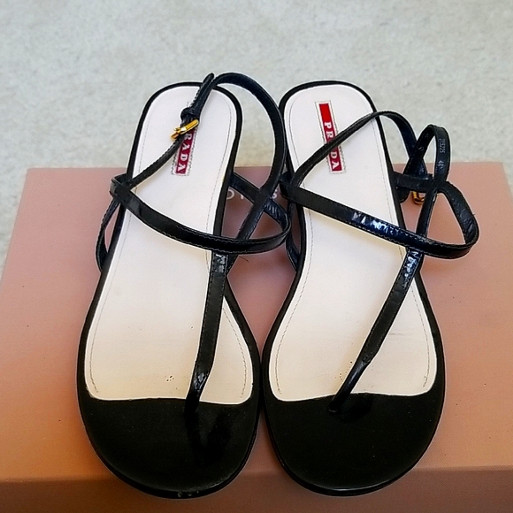 Prada Vintage Glossy Black Strappy Sandals EU 40 Like New Condition